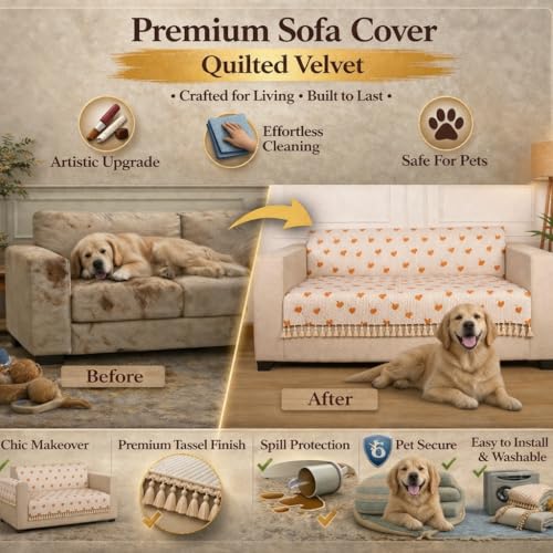 STITCHNEST غطاء أريكة مخملية مبطنة من ستشنيست مع خيوط – 24x60 بوصة، طباعة زهرية برتقالية مع خطوط، ناعم وأنيق، واقي أريكة قابل للغسل لمقعد واحد - Image 4