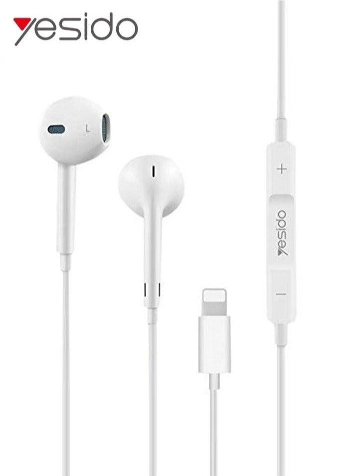 Yesido YH50 Lightning Jack Hands-Free Wired Earphone with High Bass Sound Quality, Crystal Clear Microphone & Multi-Functional Inline Remote – Perfect for iPhone, iPad, and iPod – White - Image 1