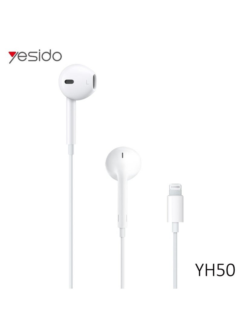 Yesido YH50 Lightning Jack Hands-Free Wired Earphone with High Bass Sound Quality, Crystal Clear Microphone & Multi-Functional Inline Remote – Perfect for iPhone, iPad, and iPod – White - Image 2