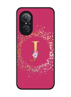Rugged Black Edge Case for Huawei Nova 9 SE , Slim fit Rubber Edges Thin Cover -  Custom Monogram Initial Letter Floral Pattern Alphabet - J (Dark Pink Rose)