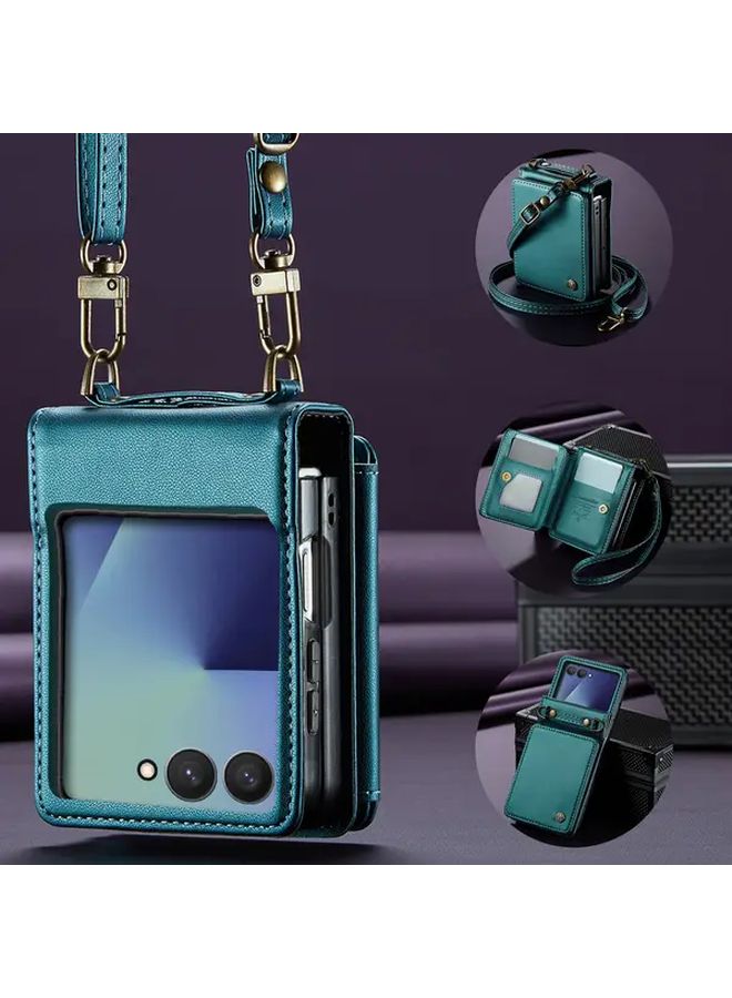 Blue Magnetic Leather Wallet Case For Samsung Galaxy Z Flip 7 With Card Holder Kickstand - Image 1