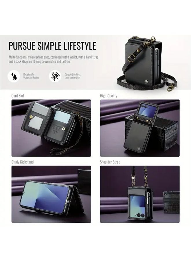Blue Magnetic Leather Wallet Case For Samsung Galaxy Z Flip 7 With Card Holder Kickstand - Image 3