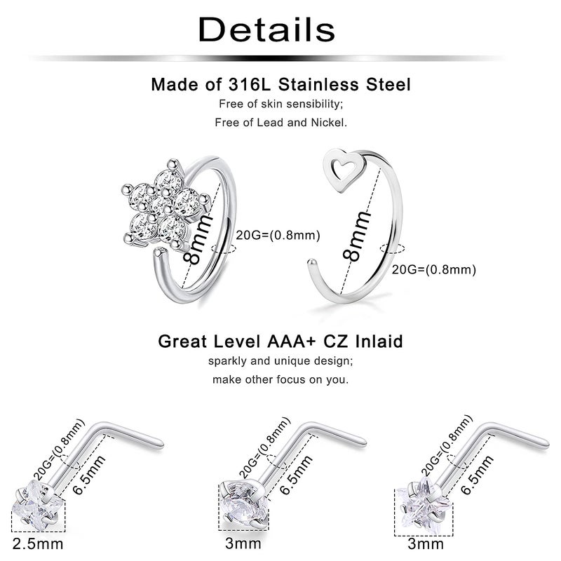Ftovosyo 20G Surgical Steel Nose Rings Hoop For Women Men  Paved Cz Flower Piercing Jewelry L Shaped Nose Ring Stud Set - Image 2