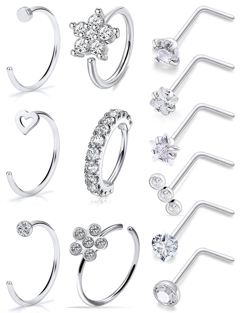 Ftovosyo 20G Surgical Steel Nose Rings Hoop For Women Men  Paved Cz Flower Piercing Jewelry L Shaped Nose Ring Stud Set - Image 1