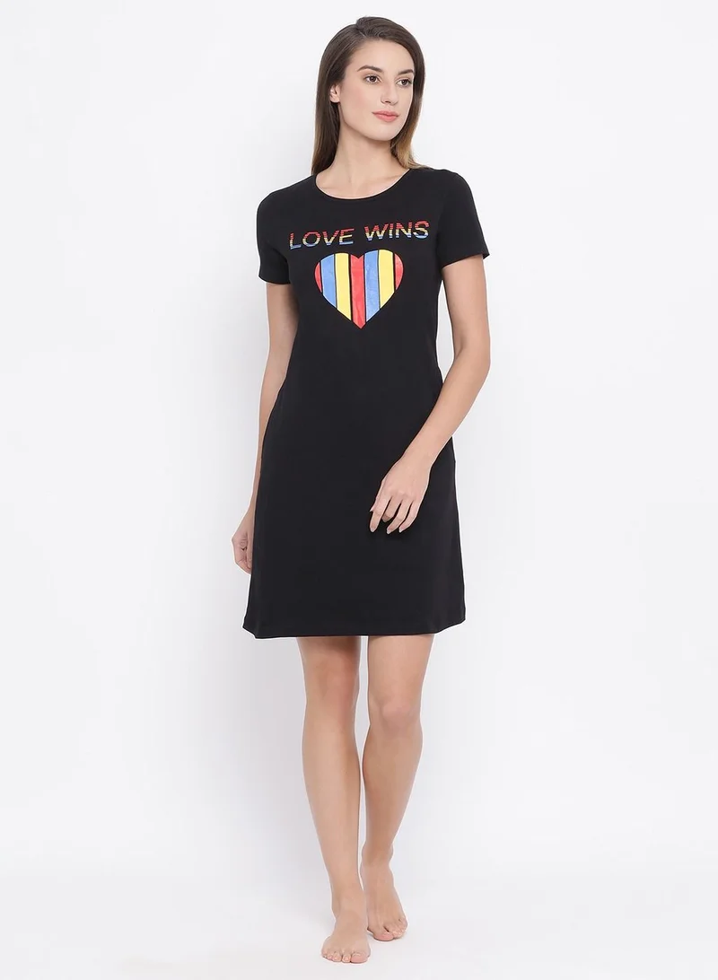 كلوفيا Clovia Cotton Rich Heart Print Short Night Dress In Black
