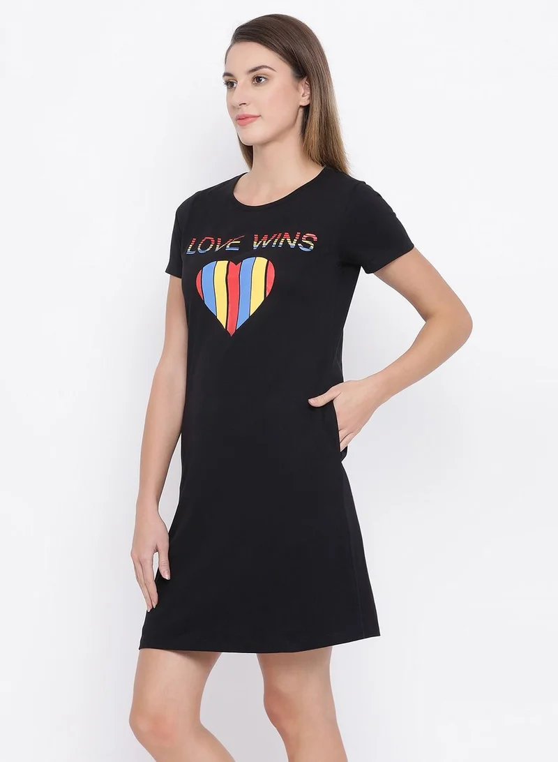 كلوفيا Clovia Cotton Rich Heart Print Short Night Dress In Black