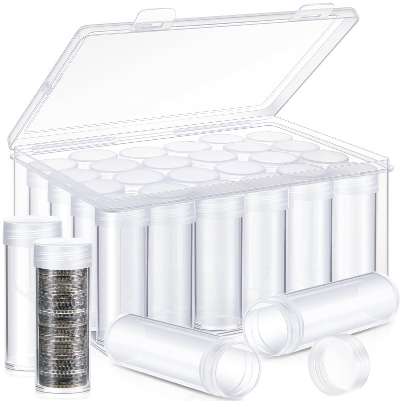 Qunclay 24 Pcs Quarter Coin Tubes with 1 Plastic Storage Box Clear Holders with Lid for Coins Collection Supplies, 3 x 1 Inch - Image 1