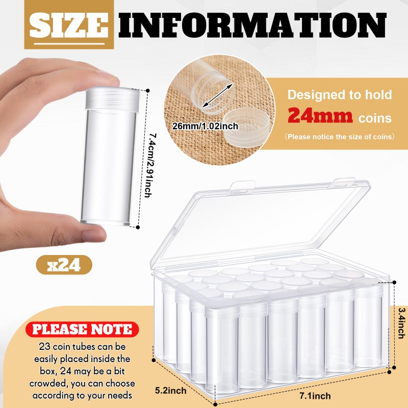 Qunclay 24 Pcs Quarter Coin Tubes with 1 Plastic Storage Box Clear Holders with Lid for Coins Collection Supplies, 3 x 1 Inch - Image 2