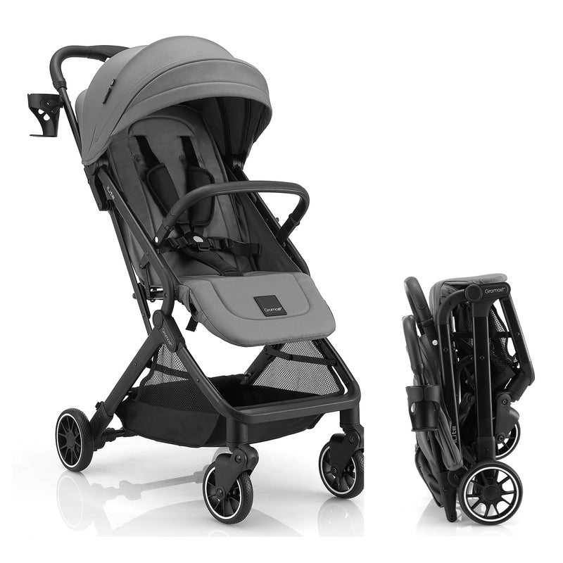 Gromast Compact Fold Baby Stroller, Lightweight Travel Toddler Stroller with One-Click Fold, Extendable UPF50+ Canopy, Cup Holder, UV Protected and Waterproof, One-Hand Folding - Gray - Image 1