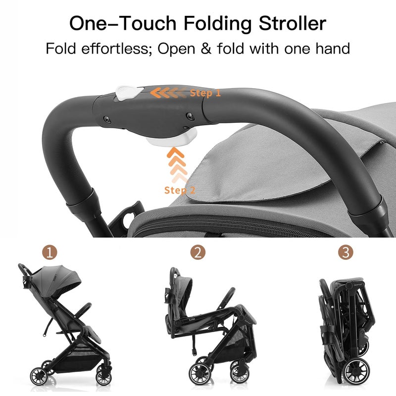 Gromast Compact Fold Baby Stroller, Lightweight Travel Toddler Stroller with One-Click Fold, Extendable UPF50+ Canopy, Cup Holder, UV Protected and Waterproof, One-Hand Folding - Gray - Image 2