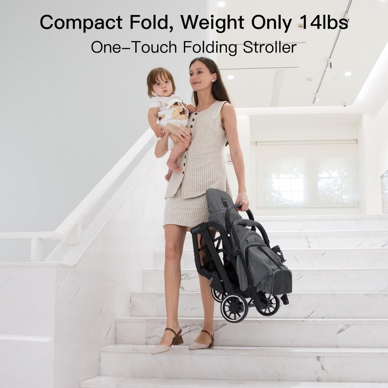 Gromast Compact Fold Baby Stroller, Lightweight Travel Toddler Stroller with One-Click Fold, Extendable UPF50+ Canopy, Cup Holder, UV Protected and Waterproof, One-Hand Folding - Gray - Image 3