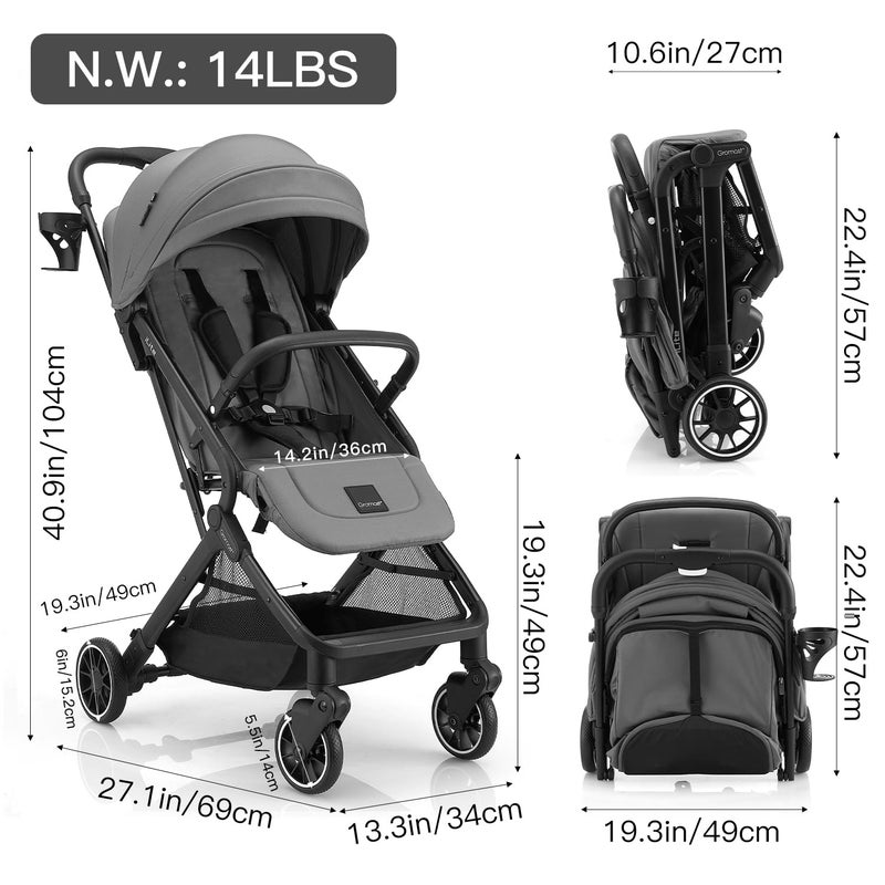 Gromast Compact Fold Baby Stroller, Lightweight Travel Toddler Stroller with One-Click Fold, Extendable UPF50+ Canopy, Cup Holder, UV Protected and Waterproof, One-Hand Folding - Gray - Image 5