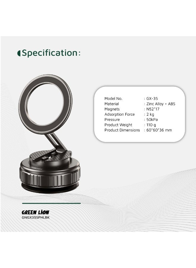 GX-35 Suction Phone Holder with MagSafe Compatibility & Foldable Design / 360° Rotation / 3 Axis Adjustment / 2 Kg Adsorption Force / Zinc Alloy Arm / Strong Suction Cup - Black