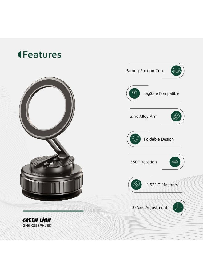 GX-35 Suction Phone Holder with MagSafe Compatibility & Foldable Design / 360° Rotation / 3 Axis Adjustment / 2 Kg Adsorption Force / Zinc Alloy Arm / Strong Suction Cup - Black