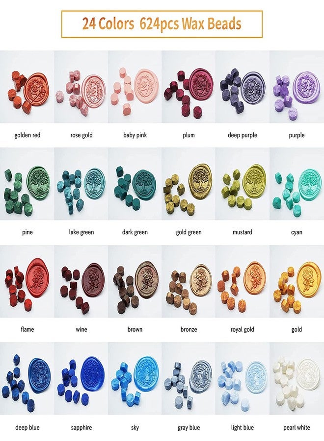 Comealltime Wax Seal Kit with Gift Box, 624 Pcs 24 Colors Sealing Beads, 2 Pcs Stamps, Sealing Wax Warmer, Metallic Pen, Envelope, Candles for Wedding Birthday Gift and DIY Craft, Sellado de Cera - Image 2