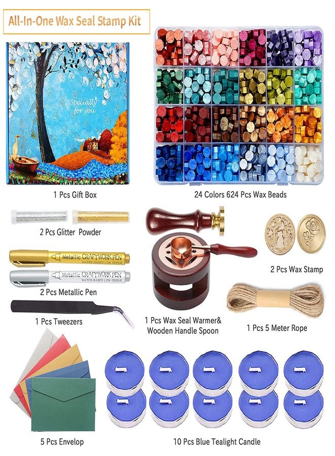 Comealltime Wax Seal Kit with Gift Box, 624 Pcs 24 Colors Sealing Beads, 2 Pcs Stamps, Sealing Wax Warmer, Metallic Pen, Envelope, Candles for Wedding Birthday Gift and DIY Craft, Sellado de Cera - Image 3