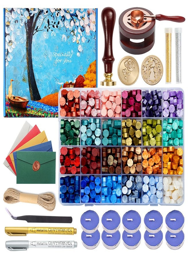 Comealltime Wax Seal Kit with Gift Box, 624 Pcs 24 Colors Sealing Beads, 2 Pcs Stamps, Sealing Wax Warmer, Metallic Pen, Envelope, Candles for Wedding Birthday Gift and DIY Craft, Sellado de Cera - Image 1