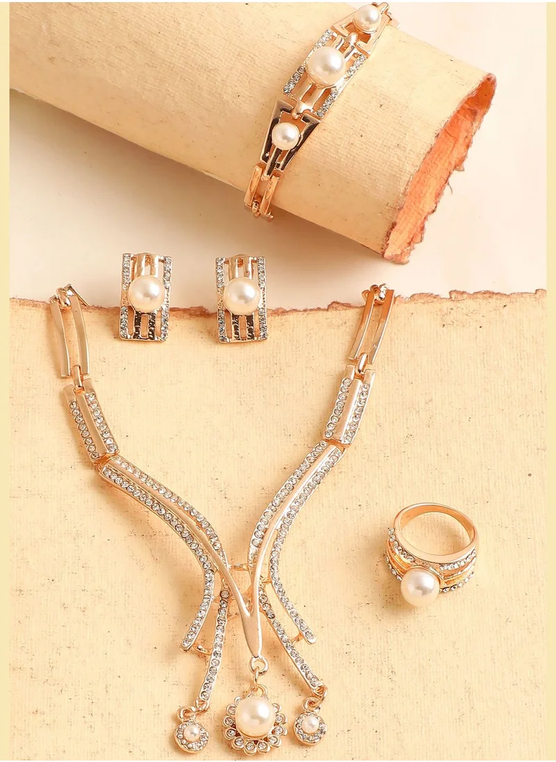 SOHI Gold Plated Designer Stone Necklace, Earring, Ring and Bracelet Set