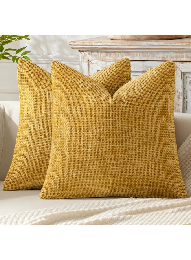 Pack of 2 Yellow Cushion Cover 18x18 Inch Mustard Yellow Summer Modern Boho Accent Decorative Throw Pillow Covers Soft Chenille Farmhouse Pillowcase for Home Decor Couch Bed Sofa Living Room 45x45CM - Image 1