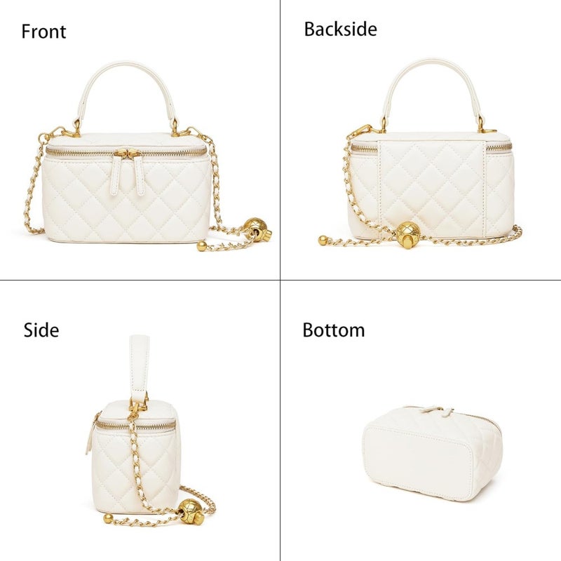 Small Quilted Box Crossbody Purse For Women, Designer Lambskin Leather Mini Top Handle Tote Bag With Chain Strap - Image 4