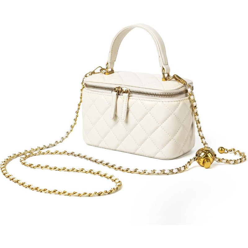 Small Quilted Box Crossbody Purse For Women, Designer Lambskin Leather Mini Top Handle Tote Bag With Chain Strap - Image 1