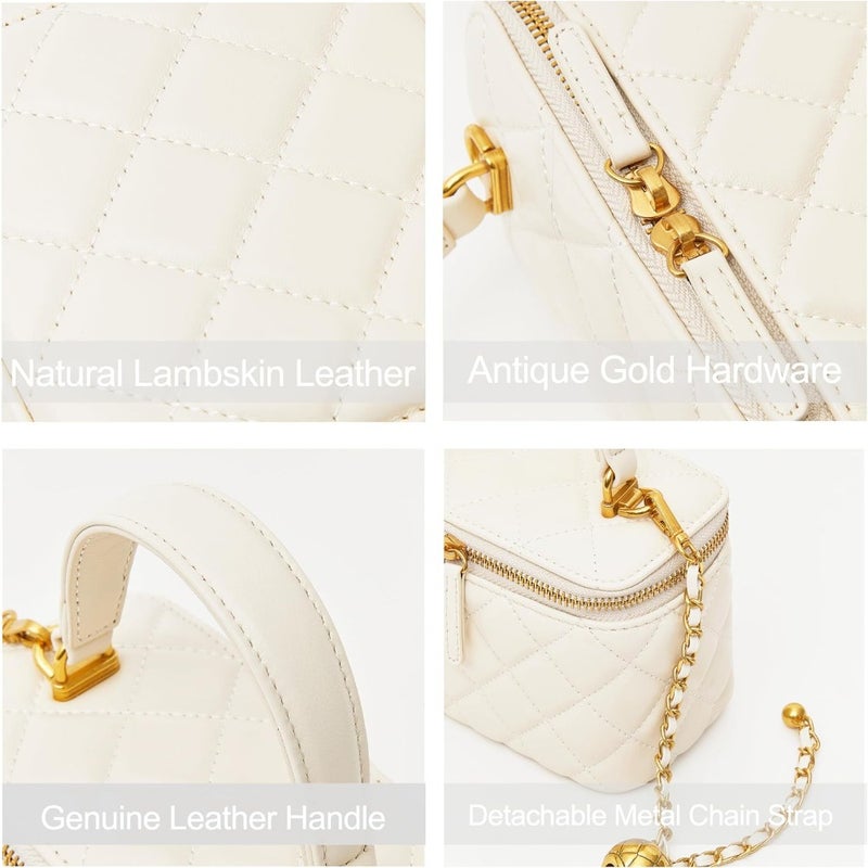Small Quilted Box Crossbody Purse For Women, Designer Lambskin Leather Mini Top Handle Tote Bag With Chain Strap - Image 3