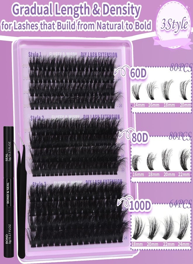 FOINEMYED Lash Extension Kit 14-24mm Lash Clusters Kit 60D+80D+100D Thick Volume Eyelash Extension Kit D Curly DIY Individual Lashes 3 Style Lashes with Waterproof Lash Bond and Seal and Tweezers - Image 2