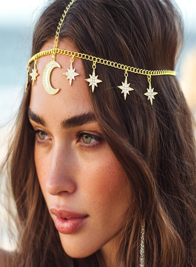 Urieo Boho Moon Head Chain Gold Headpiece Jewelry Tassel Crystal Hair Accessories for Women - Image 2