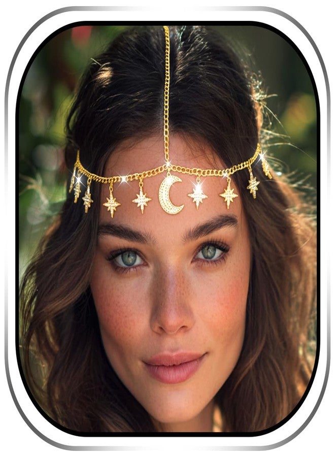 Urieo Boho Moon Head Chain Gold Headpiece Jewelry Tassel Crystal Hair Accessories for Women - Image 1