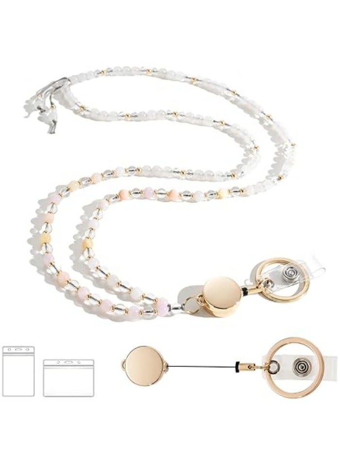 Retractable Lanyards for ID Badges and Keys, Beaded Lanyards for Women Natural Stone,High-Performance Cute Lanyard - Image 1