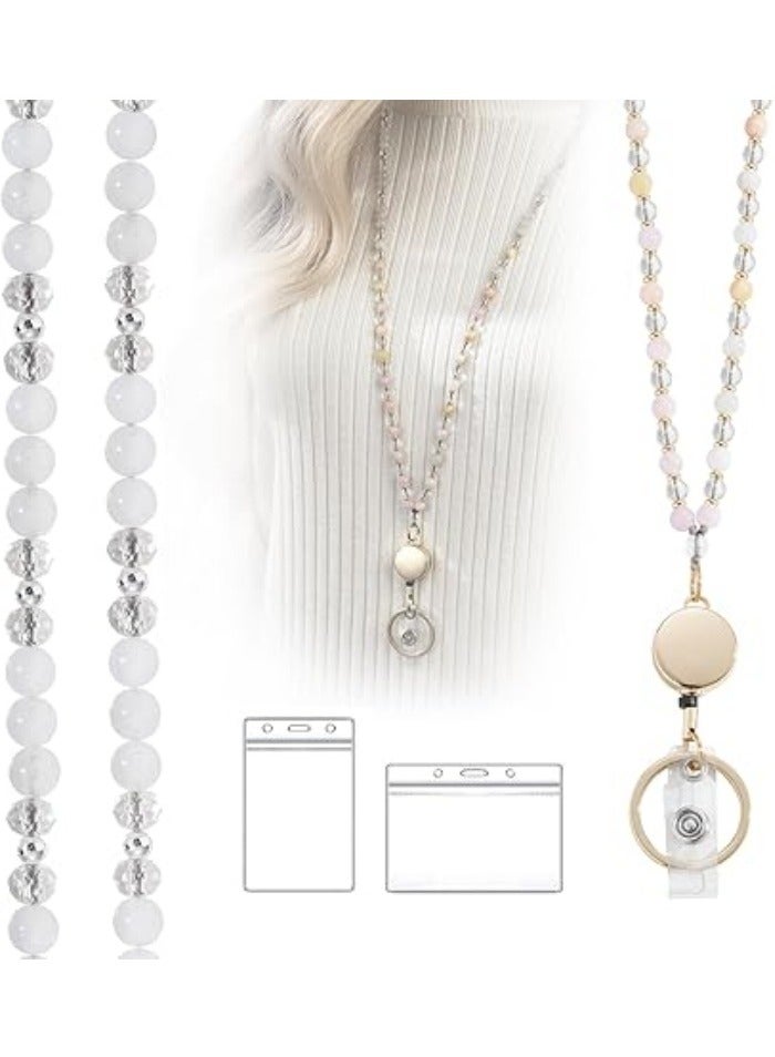 Retractable Lanyards for ID Badges and Keys, Beaded Lanyards for Women Natural Stone,High-Performance Cute Lanyard - Image 2