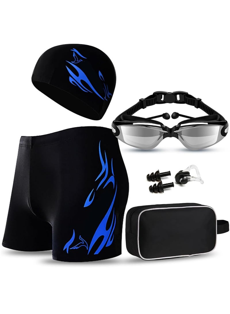 Generic Adult Swimwear Set Men's Swimwear Set Swimming Trunks Swim Goggles Swim Cap Ear Plugs Nose Clip Swim Bag Swim Pool Beach Essentials for Summer Fun (Blue) - Image 1