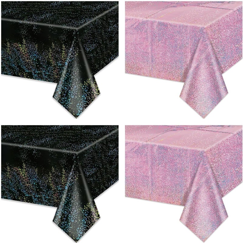 PTECDROTS 2Pcs Pink & 2Pcs Black Holographic Tablecloths Rectangular Pink and Black Iridescent Tablecloth Shimmer Metallic Table Covers for Hot Pink and Black Birthday Decorations, 54 x 108inch - Image 1