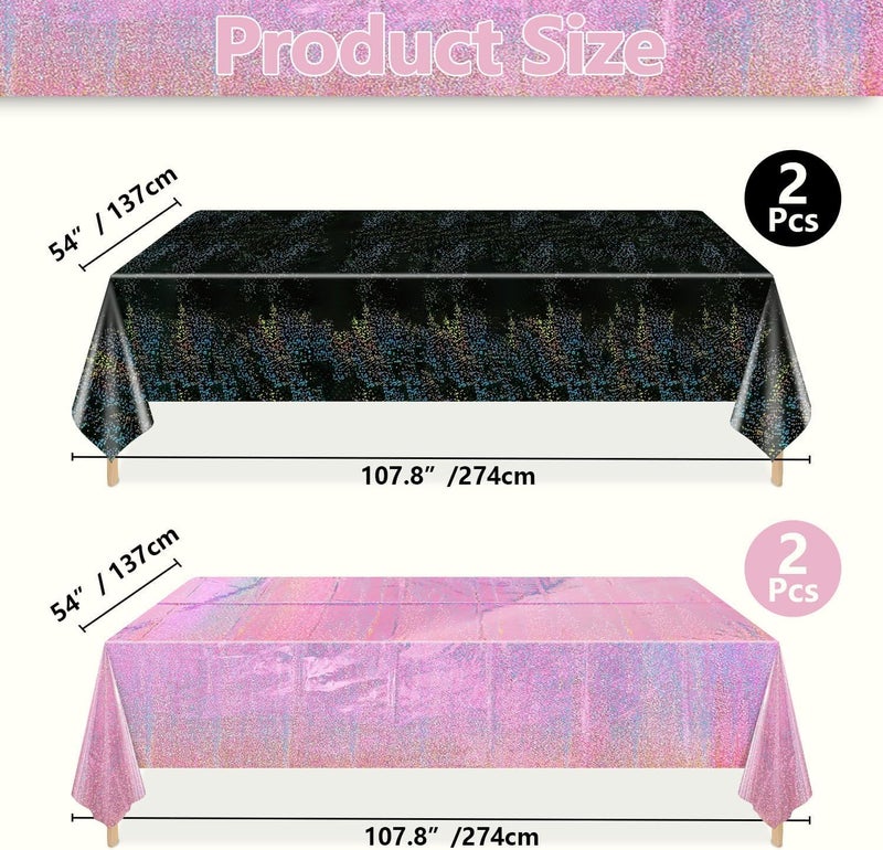 PTECDROTS 2Pcs Pink & 2Pcs Black Holographic Tablecloths Rectangular Pink and Black Iridescent Tablecloth Shimmer Metallic Table Covers for Hot Pink and Black Birthday Decorations, 54 x 108inch - Image 2