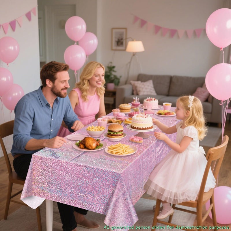 PTECDROTS 2Pcs Pink & 2Pcs Black Holographic Tablecloths Rectangular Pink and Black Iridescent Tablecloth Shimmer Metallic Table Covers for Hot Pink and Black Birthday Decorations, 54 x 108inch - Image 5
