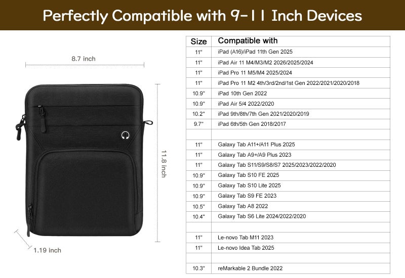 Dadanism 9-11" Tablet Sleeve Bag with Shoulder Strap for iPad (A16) 11", iPad Air M4 Pro M5 11", iPad 10th Gen 10.9", iPad 9/8/7th Gen 10.2", Galaxy Tab A11+ Plus 11", reMarkable 2 10.3",Black - Image 3