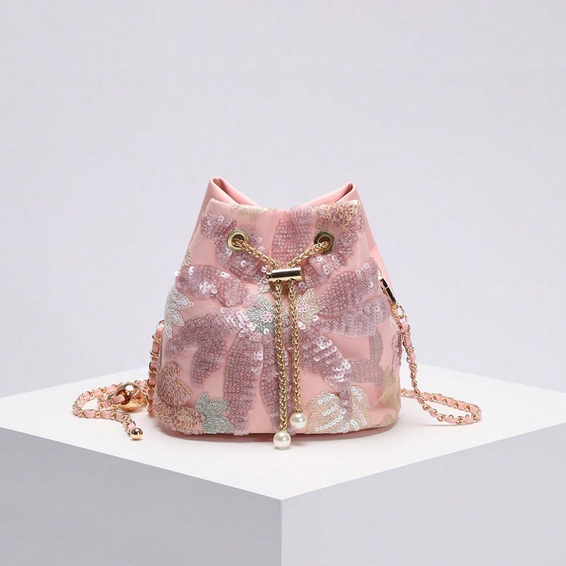 New Chinese Style Vintage National Style Bucket Bag Women'S New Arrival Heavy Craft Mesh Embroidered Flower Sequin Chain Crossbody Bag - Image 1