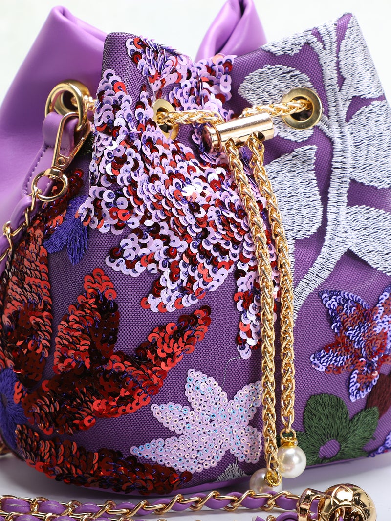 New Chinese Style Vintage National Style Bucket Bag Women'S New Arrival Heavy Craft Mesh Embroidered Flower Sequin Chain Crossbody Bag - Image 5