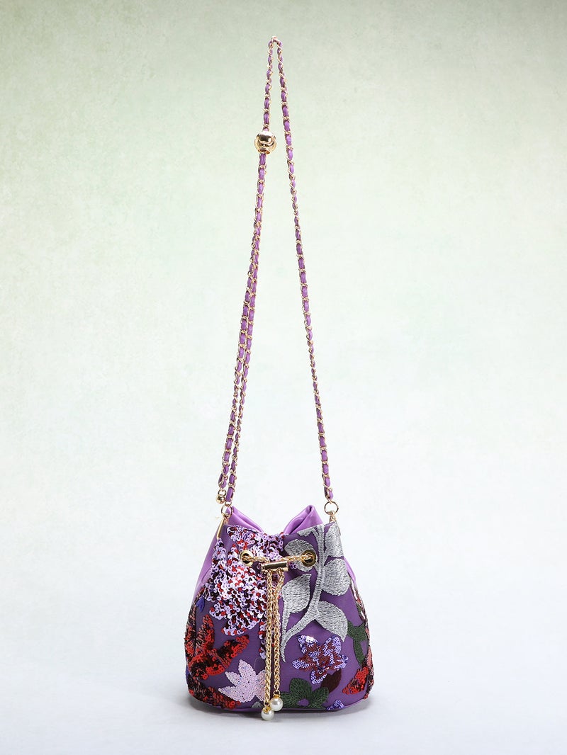 New Chinese Style Vintage National Style Bucket Bag Women'S New Arrival Heavy Craft Mesh Embroidered Flower Sequin Chain Crossbody Bag - Image 4