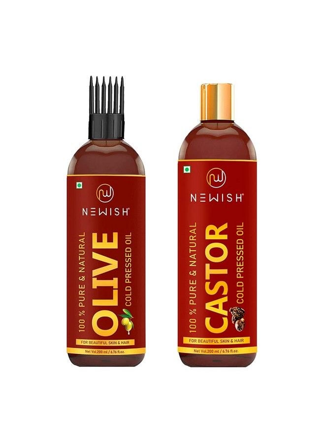 Newish Pure Cold Pressed Olive Oil For Hair And Skin & Premium Castor Oil For Hair Growth Skin And Eyebrow ; Natural ; Organico ; Skin Oil 200Ml Each  - Image 1