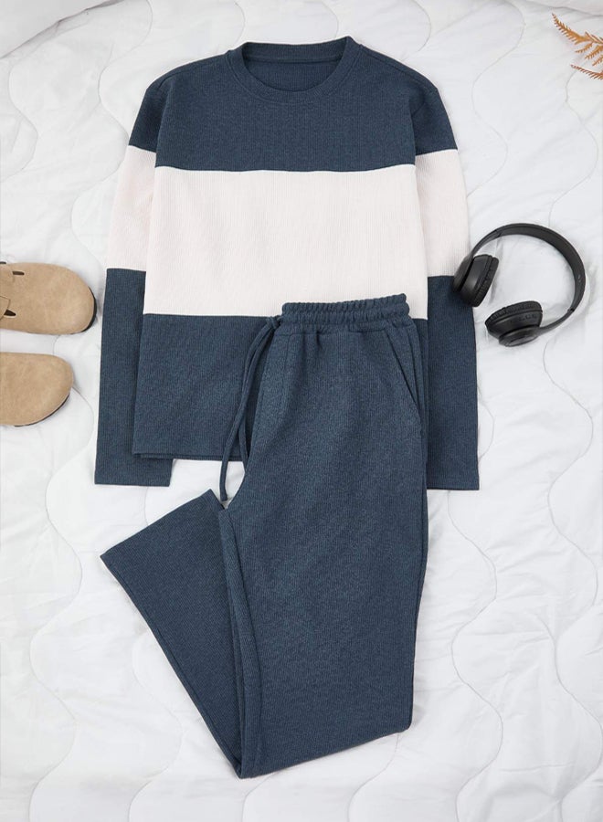 trendyol Indigo Regular Cut Color Block Textured Knitted Pajamas Set - Image 1