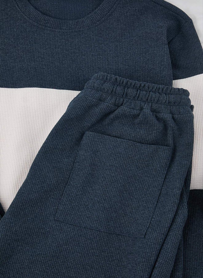 trendyol Indigo Regular Cut Color Block Textured Knitted Pajamas Set - Image 3