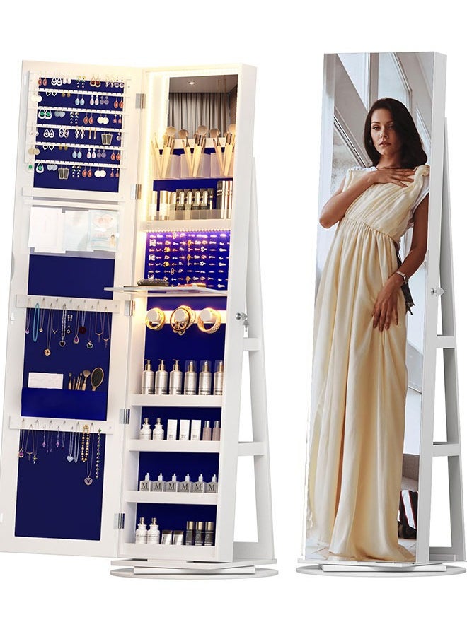 GoldenLike Jewelry Mirror Cabinet,360° Swivel Jewelry Armoire Organizer with Mirror,Standing Full Length Mirror with Jewelry Storage Cabinet, Lockable Mirrored Jewelry Cabinet with LED Lights,Large Makeup Mirror Floor Jewelry Organizer Storage Box  - Image 1
