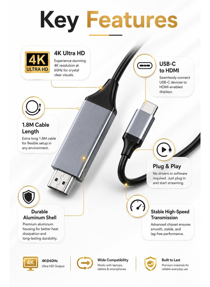 فوجيشكا كابل من النوع C إلى HDMI | كابل USB-C إلى HDTV | دقة 4K عالية الوضوح | موصل مسطح من ذكر إلى ذكر | متوافق مع الهواتف المحمولة، والحواسيب المحمولة، وأجهزة iPad، وAndroid، وiOS، وSamsung - Image 5