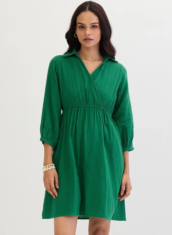 Femmella Green Open Collar Wrap Front Mini Dress