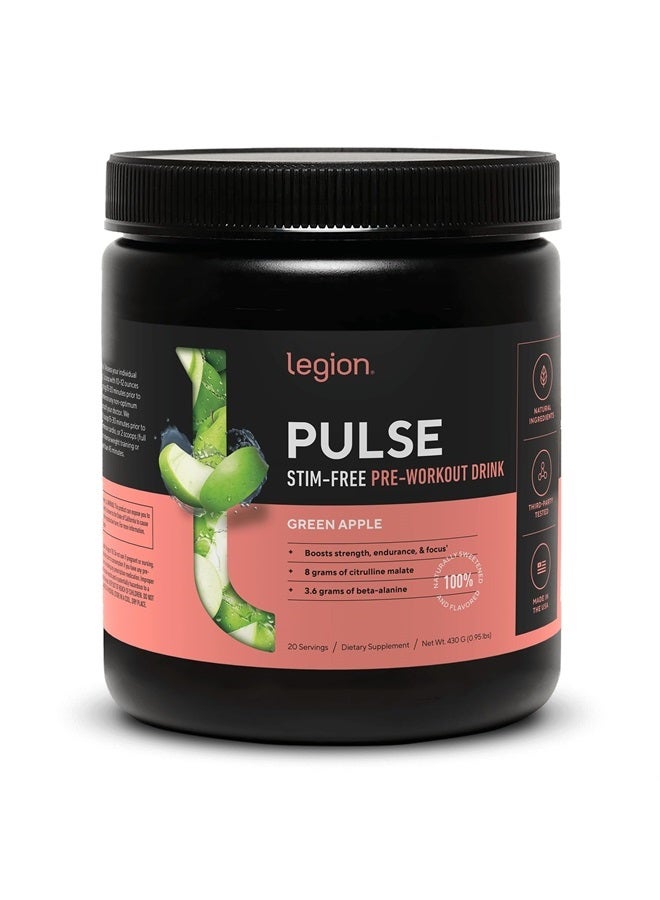 Legion Pulse Pre Workout Supplement - All Natural Nitric Oxide Preworkout Drink to Boost Energy, Creatine Free, Naturally Sweetened, Beta Alanine, Citrulline, Alpha GPC (Caffeine Free Green Apple)  - Image 1