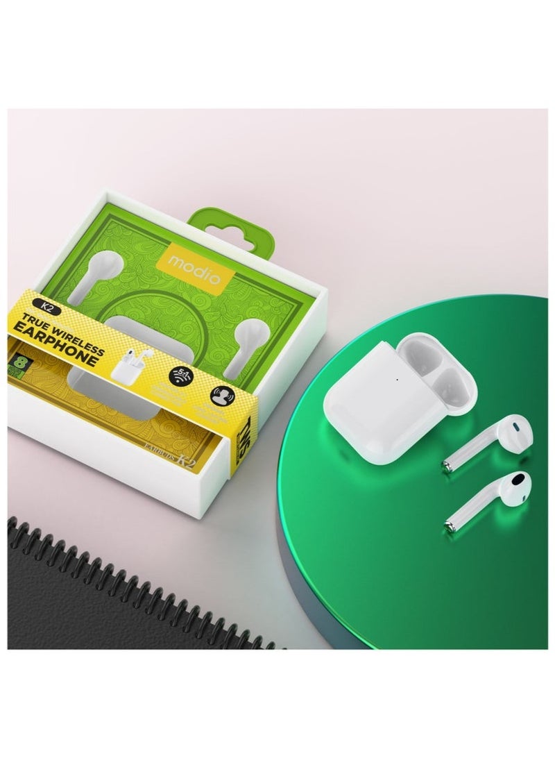 موديو K2 Wireless Earbuds with Noise Cancellation, Bluetooth 5.3 Connectivity, Touch Control, Long Battery Life, Fast Charging Case, HD Stereo Sound, Built-in Mic for Calls, Lightweight & Comfortable In-Ear Headphones – White - Image 3