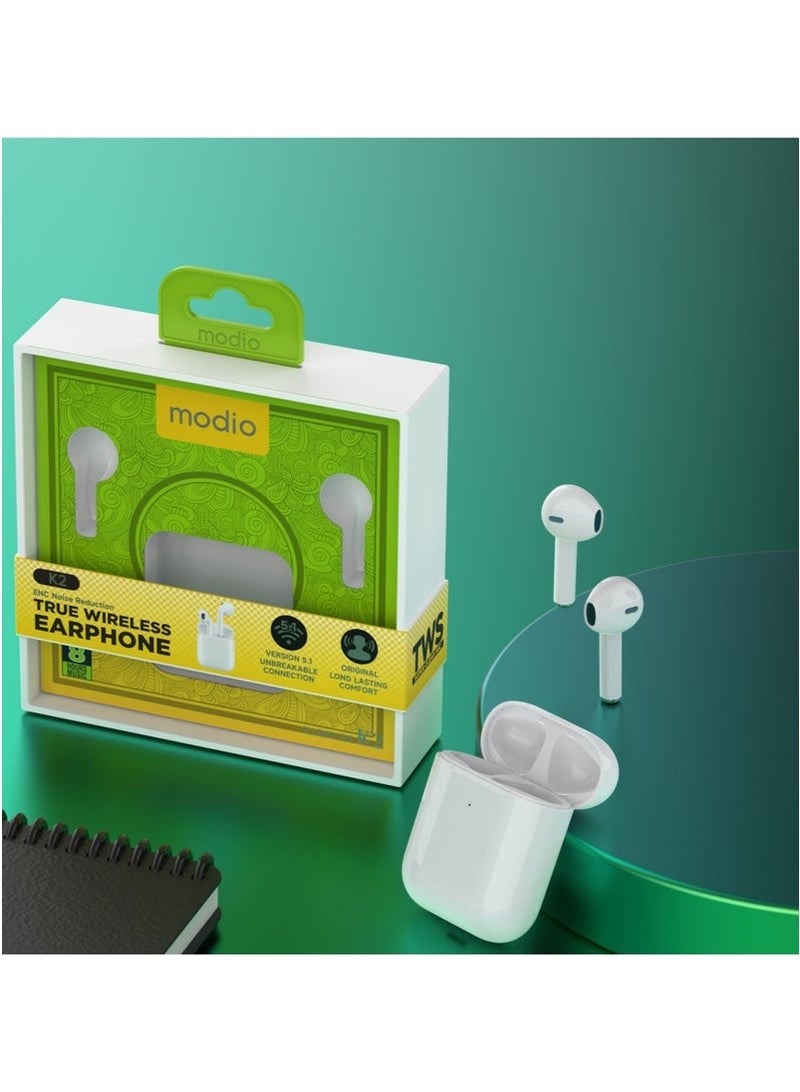 موديو K2 Wireless Earbuds with Noise Cancellation, Bluetooth 5.3 Connectivity, Touch Control, Long Battery Life, Fast Charging Case, HD Stereo Sound, Built-in Mic for Calls, Lightweight & Comfortable In-Ear Headphones – White - Image 2