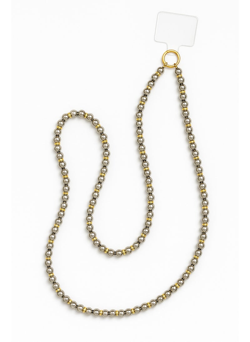 سلسلة موبايل خرز فضي بفواصل ذهبية – مقاس كبير – تعليق رقبة فاخر - Image 1