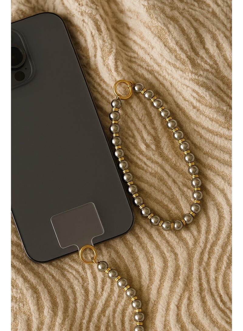 سلسلة موبايل خرز فضي بفواصل ذهبية – مقاس كبير – تعليق رقبة فاخر - Image 2